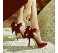 SLJYM Scarpe da Sposa Rosse Xiuhe Tacco a Spillo Alto con Punta a Punta Bocca Bassa Fiocco Perla Una Parola Fibbia Cinturino Due Scarpe da Sposa da Indossare