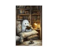 SLKJYX Poster di Halloween con la lettura di fantasmi in una biblioteca piena di libri e tazze, decorazione artistica da parete, decorazione moderna, poster artistico da appendere, 20 x 30 cm