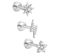 SLLAISS Titanio G23 Orecchini Tragus Piercing Helix 3 Pezzi Set Orecchini Lobo Punto Luce Orecchio Cartilagine Orecchio Piercing Trago con Zirconi Punto Luce Piatto Dietro Argento 6/8mm