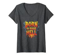 Slogan Heavy Metal Born to Raise Hell Rocker Rebel Maglietta con Collo a V, Donna, Grigio Scuro, L