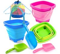 Sloosh Confezione da 3 secchi pieghevoli con 3 pale, secchio quadrato per acqua e sabbia, per feste estive, secchio pieghevole in silicone (blu/rosa/verde)