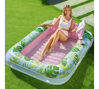 SLOOSH Tanning Pool Sdraio gonfiabile per piscina, 177x 116 cm, grande, per adulti, con cuscino, 4 in 1, vasca abbronzante, lettino prendisole-L-Ciano Rosa Tropicale