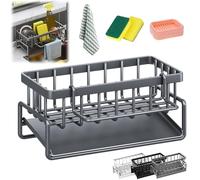 Slope, scolapiatti per lavello da cucina, in acciaio inox, organizer con gancio per asciugamani, supporto 4 in 1 in acciaio inox con vassoio di scarico, design di drenaggio automatico (grigio acciaio)