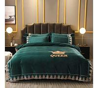 SLOPSS Bed King Size Brown Winter Bedding Double Duvet Covers Set with Fitted Quilt Cover Sets Flat Sheet Pillowcases Lace Embroidery (Green Queen)