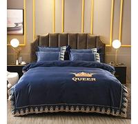 SLOPSS Bed King Size Brown Winter Bedding Double Duvet Covers Set with Fitted Quilt Cover Sets Flat Sheet Pillowcases Lace Embroidery (Blue Queen)