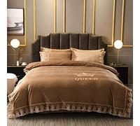 SLOPSS Bed King Size Brown Winter Bedding Double Duvet Covers Set with Fitted Quilt Cover Sets Flat Sheet Pillowcases Lace Embroidery (Khaki Queen)