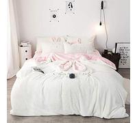 SLOPSS Bed Pink Winter Soft Flannel Thick Warm Fabric Bedding Double Duvet Set Cute Rabbit Ears 4 PCS Quilt Cover Sets (White 220×240cm)