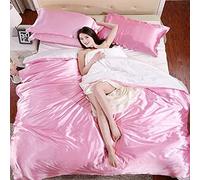 SLOPSS Bed Sheet Set Double-Sided Quilt Cover Summer Pure Color Ice Four-Piece Tencel Silk Satin Double 1.8m 2.0-Pink_220X240cm