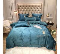 SLOPSS Bed White Bedding Set Duvet Covers Twin Double Size Quilt Cover 220×240cm Flat Sheet Pillowcases 4 Pieces Satin Jacquard Embroidery (Green King)