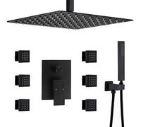 SLOPSS Black Black Black Square da 10-12 Pollici di Rubinetto per la Doccia a Pioggia con 6 Pezzi Set di getti per Il Corpo, Set di Doccia di Lusso, 10 Pollici (12 Pollici)