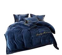 SLOPSS Black Winter Bedding Bed Duvet Set 4 PCS Quilt Cover Sets Flat Sheet Twin Double Size Soft Warm Flannel Thick (Blue King)