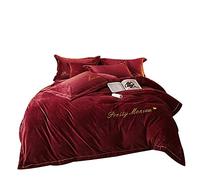 SLOPSS Black Winter Bedding Bed Duvet Set 4 PCS Quilt Cover Sets Flat Sheet Twin Double Size Soft Warm Flannel Thick (Red King)