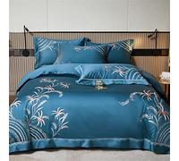 SLOPSS Botanical Embroidery Blue Duvet Egyptian Cotton Bedding Set Quilt Cover Bed Sheet Pillowcases (Color Size : Queen (A King 220X240cm 4Pcs)