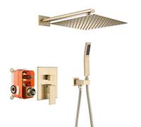 SLOPSS Brushed Gold Shower Faucet Set, Bathroom Wall Mounted Shower Embedded Box Shower 8,12" Fall Shower Faucet with Hand Shower And Shower Hose for Bathroom,8 inch