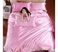 SLOPSS Complete Bedding Sets Double-Sided Quilt Cover Summer Pure Color Ice Four-Piece Tencel Silk Satin Double 1.8m 2.0-Pink_220X240cm