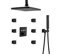 SLOPSS Doccia, di Rubinetto Doccia termostatico Rettangolare 12 x 8 Pollici Porta Rettangolare con Doccia con 6 Pezzi Set di getti per Il Corpo, Set di Doccia Nero Opaco, Nero