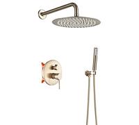 SLOPSS Doccia Oro Spazzolato, Set di rubinetti per la Doccia in Ottone Completi di Pioggia ad Alta Pressione Pioggia e Doccia Portatile, Tocco di Doccia a Monte a Parete, 12 Pollici (10 Pollici)
