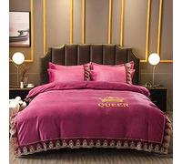 SLOPSS Double Grey Bedding 4 Piece Bed Sheet Lace Winter Soft Warm Smooth Flannel Duvet Set Quilt Cover Twin King Size (Rose Red Queen)