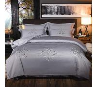 SLOPSS Double Grey Embroidery Satin Sets King Size Cotton Bedding Set Duvet Covers Quilt Cover (B Queen)