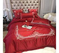 SLOPSS Double Set King Size Green Bedding Sets Duvet Covers Quilt Cover Flat Sheet Pillowcases Silk Cotton Satin 4pcs (Red Queen)