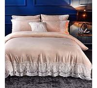 SLOPSS Duvet Sets Bedding Set Satin Silk Single Double King Quilt Cover Flat Bed Sheet Bedcloth (Champagne Queen)