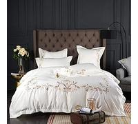 SLOPSS King Size Bedding Duvet Covers Set Quilt Cover Twin Double 220&Times;240Cm Silk Satin Embroidery 4Pcs Cotton 100% (White Queen)