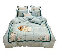 SLOPSS Pastoral Style Long-Staple Floral Embroidery Four-Piece Set with Ruffled Cotton Quilt Cover for Double Bed (Color Size : (Green 1.8m)
