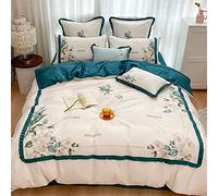 SLOPSS Pastoral Style Long-Staple Floral Embroidery Four-Piece Set with Ruffled Cotton Quilt Cover for Double Bed (Color Size : (Green 1.5m)