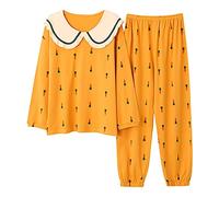 SLOPSS Pigiama da Donna, Donna di Cotone Autunnale di Pigiama Giallo a Maniche Lunghe Set di Pigiama Set di Pigiama plusvalve Plus Si Taglia Top Lunghi+Pantaloni Lunghi Set da Due Pezzi, a, XL