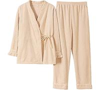 SLOPSS Pigiama da Donna, Pigiama Beige in Stile Giapponese Flanella Comodo indenno a casa Yukata per Femmina Inverno Adulto Spesso di Veste di Veste Set di Abbigliamento, a, m