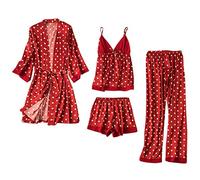SLOPSS Pigiama da Donna, Pigiama da Donna 4 Pezzi Stampata in Raso Abbigliamento da Sonno Seta Indossa Abiti da Sonno Abito da Sonno Notturno Abito Accogliente per Pigiami Regalo Creativo Rosso