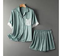 SLOPSS Pigiama da Donna, Pigiama per Donne Set a Maniche Corte Estate Set Verdi in Finta Seta in Fate Raso Tasche in Pizzo in Pizzo Pantaloncini Casual cortome