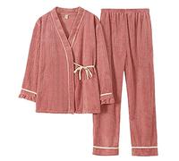 SLOPSS Pigiama da Donna, Pigiama Rosso in Stile Giapponese Flanella Comodo indenno a casa Yukata per Femmina Inverno Adulto Spesso di Veste di Veste Set di Abbigliamento, a, m