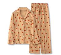 SLOPSS Pigiama da Donna, Primavera e Autunno Morbido in Pigiama in Cotone Pieno Set Carino e Dolce Arancione Arancione Girare Il Collare da Sonno Set da Donna Accogliente Regalo per Homewear