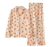 SLOPSS Pigiama da Donna, Primavera e Autunno Morbido in Pigiama in Cotone Pieno Set Carino e Dolce Arancione Arancione Girare Il Collare da Sonno Set da Donna Accogliente Regalo per Homewear