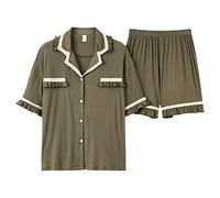 SLOPSS Pigiama per Donne, Set da Donna Set Estivo ArmyGreen Maglietta Shirt a Maniche Corte a Maniche Corta Lavora Mobile bavaglio Mobile abbottonate Cardigan Cardigan Sola Notte Pantaloni Corti in