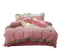 SLOPSS Pink King Size Duvet 4 PCS Bedding Set Double Bed Flannel Fleece Super Soft Warm Cosy Thick Quilt Cover Sets Flat Sheet Twin (E Queen)