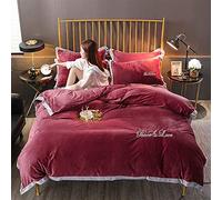 SLOPSS Purple Bedding Bed Duvet Set Quilt Cover Sets Flat Sheet Twin Double Size Soft Warm Flannel Blue Green (Red King)