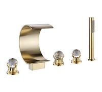 SLOPSS Rubinetto da bagno a cascata rubinetto spazzolato oro spazzolato rubinetto set di rubinetti mobile colpa a montaggio rubinetto a 5 fori tocco con pioggia di doccia portatile in ottone, maniglia