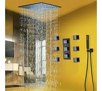 SLOPSS Rubinetto della Doccia termostatica Set ugello di Massaggio combinata con la Testa di Pioggia Nera con Rubinetto della valvola, 12 Pollici a LED (Montato di soffitto)
