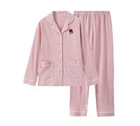 SLOPSS Set da Pigiama da Donna, Set da piolo da Donna in Cotone Rosa bottona di Rosa Ricamato a Tasca Accogliente Accogliente a Maniche Lunghe Calde Pjs Top e Fondo Set da Set da Notte Indossa Un