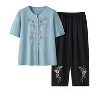 SLOPSS Set di Abbigliamento da Salotto di Mezza età e Anziani per Donne Estate, Bottone a Collo Blu Diamante Che controlla la Maglietta da Ricamo Floreale Elastico Pantaloni a Vita Elastici per 2