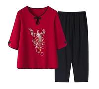 SLOPSS Set di Abbigliamento da Salotto di Mezza età e Anziani per Le Donne Estate, Manica Corta a Manica Corta a Manica a v-Shirt t-Shirt Elastico Pantaloni coltivati a 2 Pezzi cout Set