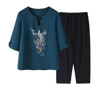 SLOPSS Set di Abbigliamento da Salotto di Mezza età e Anziani per Le Donne Estate, Manica Corta a Manica Corta a Manica a v-Shirt t-Shirt Elastico Pantaloni coltivati a 2 Pezzi cout Set
