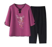 SLOPSS Set di Abbigliamento da Salotto di Mezza età e Anziani per Le Donne Estate, Manica Corta a Manica Corta a Manica a v-Shirt t-Shirt Elastico Pantaloni coltivati a 2 Pezzi cout Set