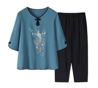 SLOPSS Set di Abbigliamento da Salotto di Mezza età e Anziani per Le Donne Estate, Manica Corta a Manica Corta a Manica a v-Shirt t-Shirt Elastico Pantaloni coltivati a 2 Pezzi cout Set