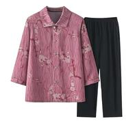 SLOPSS Set di Abbigliamento da Salotto di Mezza età e Anziani per Le Donne Estate, Maniche Rosse 3/4 Maniche in Giro per la Stampa Floreale con Stampa Floreale Elastica Pantaloni a Vita Elastica a 2