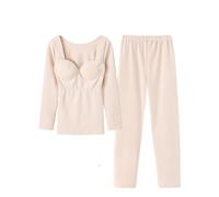 SLOPSS Set di Biancheria Intima Termica Femminile, Scollo a V Beige con Cuscinetto toracico e in Basso di Pigiami Termici Ultra Sottili Set Top & amp; Leggings Pantaloni Inverno a Base di Base Set