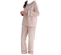 SLOPSS Set di Pigiami in Flanella di Primavera per Le Donne a Maniche Lunghe+Pantaloni da Notte per Abbigliamento da Sonno più Taglia