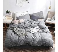SLOPSS Set Grey Stripe Double 100% Cotton Duvet Covers Bedding Sets King Size with Fitted Sheet Quilt Cover Pink Gray (B Queen)
